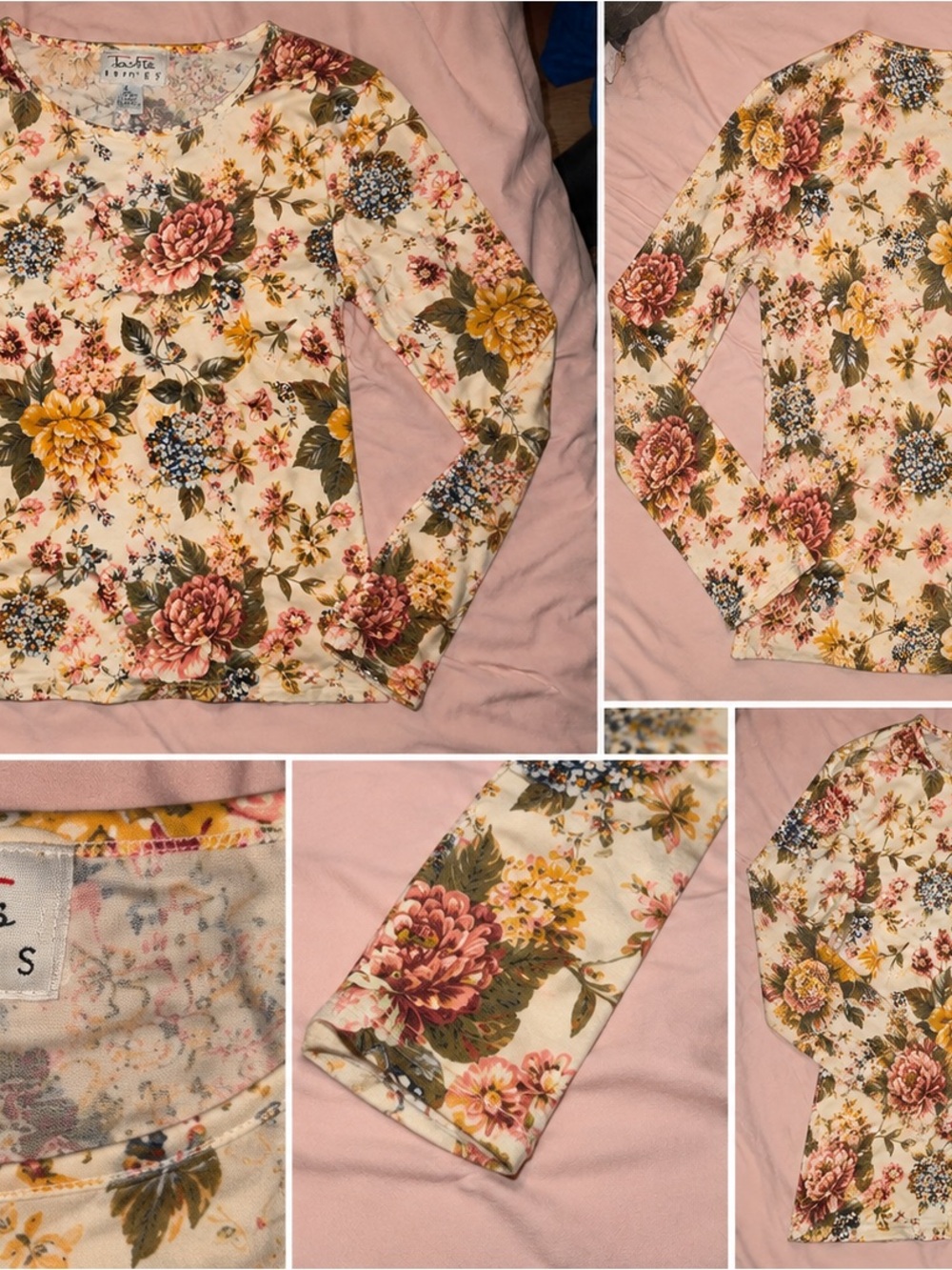 Talbots Floral Long-Sleeve Crewneck Top in Cream, Pink, Yellow, Green